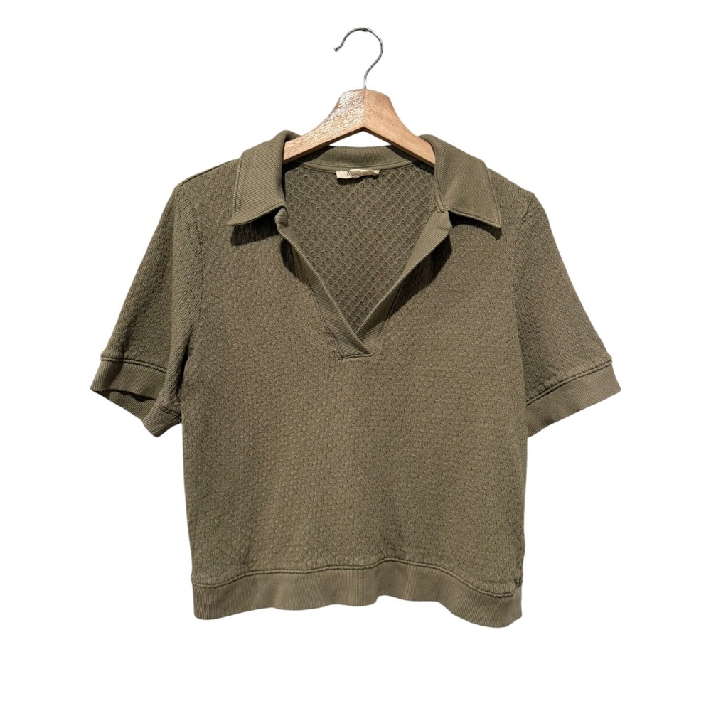 Madewell Collared Pointelle Short Sleeve Sweater Knit Top Womens Sz L Green